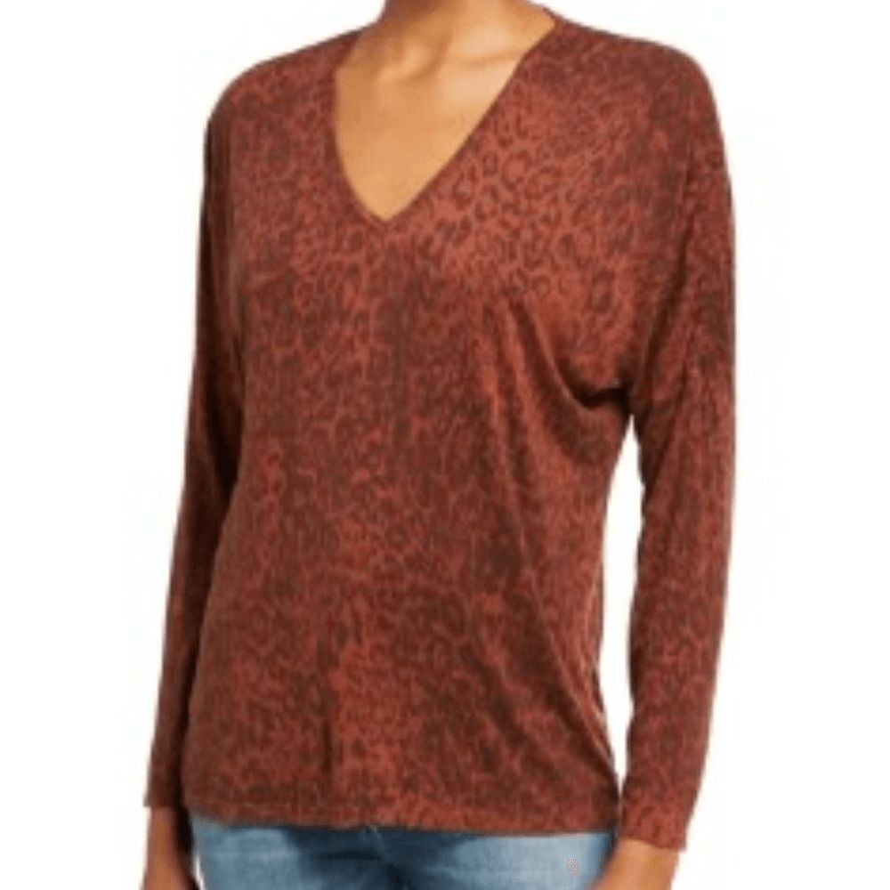 NWT XCVI Animal Print Leopard Long Sleeve Tee size XS Brown Black V-Neck Stretch